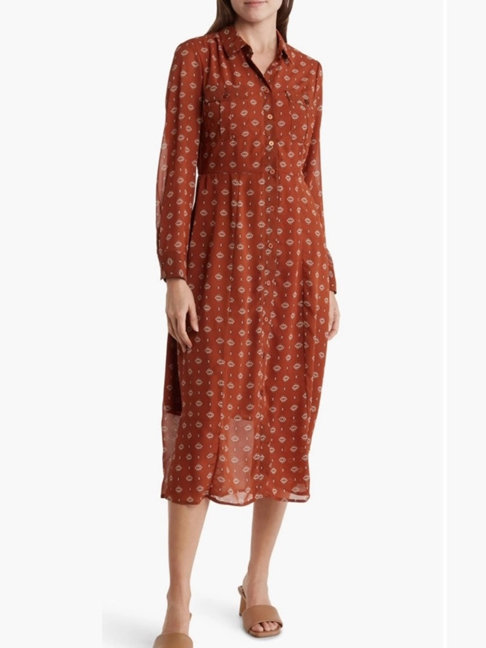 Lucky Brand Rust Printed Button-Front Midi Dress